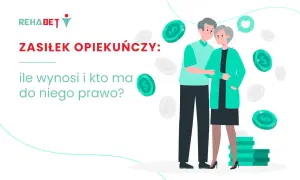 Ilustracja pary seniorów z monetami i tekstem "Zasiłek opiekuńczy".