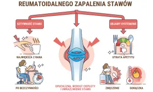 Ilustracja pokazuje wczesne objawy reumatoidalnego zapalenia stawów: sztywność stawów, utratę apetytu, zmęczenie i gorączkę.