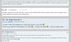 Fragment dyskusji internetowej o skierowaniach do sanatorium NFZ, z widocznymi komentarzami i emotikonami.