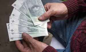 Dłonie seniora trzymają stos banknotów 100 zł. To może być pomoc z programu 800 plus dla seniorów.