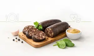 Kaszanka na desce z musztardą i ziołami. Czy kaszanka jest zdrowa? Zależy od składników i sposobu przygotowania.