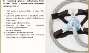 Maska CPAP i lista objawów bezdechu sennego: ból gardła, zmęczenie, chrapanie.