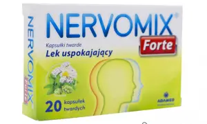 Opakowanie leku Nervomix Forte, zawierające 20 kapsułek uspokajających. Na zielonym tle grafika z ziołami i sylwetkami głów.