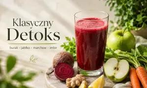 Klasyczny detoks: sok z buraka, jabłka, marchwi i imbiru. Idealny na oczyszczenie organizmu.
