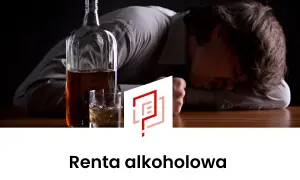 Mężczyzna śpi na stole obok butelki i szklanki z alkoholem. Temat: renta alkoholowa.