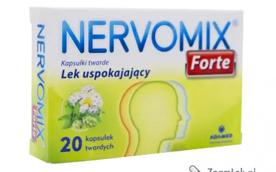 Opakowanie leku Nervomix Forte, zawierające 20 kapsułek uspokajających. Na zielonym tle grafika z ziołami i sylwetkami głów.