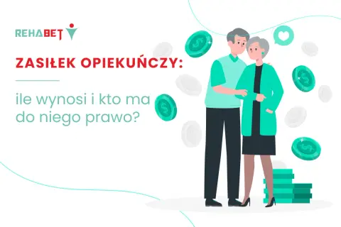 Ilustracja pary seniorów z monetami i tekstem "Zasiłek opiekuńczy".