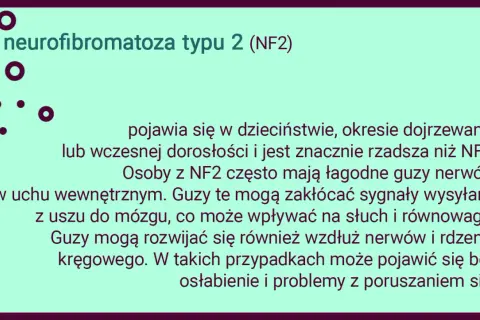 Neurofibromatoza typu 2 (NF2) to rzadsza odmiana choroby, która może objawiać się łagodnymi guzami nerwów, wpływającymi na słuch i równowagę.