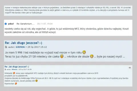 Fragment dyskusji internetowej o skierowaniach do sanatorium NFZ, z widocznymi komentarzami i emotikonami.