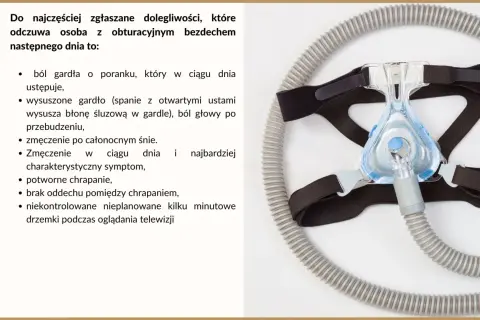 Maska CPAP i lista objawów bezdechu sennego: ból gardła, zmęczenie, chrapanie.
