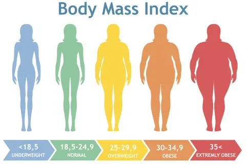 Pięć sylwetek kobiet o różnej budowie ciała, od szczupłej do bardzo otyłej, ilustruje kategorie BMI. Nadmierna masa ciała może prowadzić do zespołu metabolicznego.