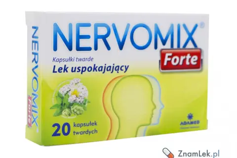 Opakowanie leku Nervomix Forte, zawierające 20 kapsułek uspokajających. Na zielonym tle grafika z ziołami i sylwetkami głów.
