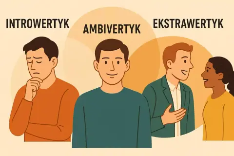 Trzy osoby: zamyślony introwertyk, uśmiechnięty **ambiwertyk** i rozmawiający ekstrawertyk z koleżanką.
