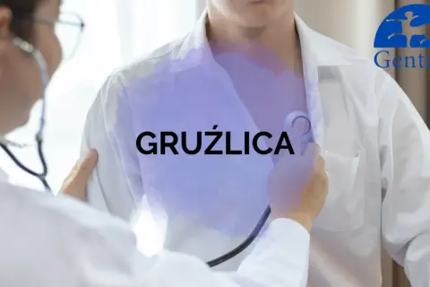 Lekarz osłuchuje pacjenta, na jego piersi widnieje napis "GRUŹLICA". Logo Gentaur.