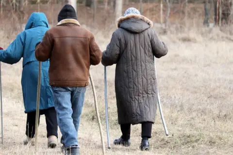 Trzy osoby idące z kijkami, dbające o swój układ odpornościowy poprzez aktywność fizyczną na świeżym powietrzu.