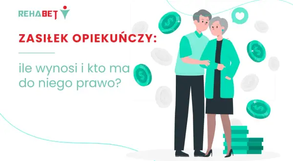 Ilustracja pary seniorów z monetami i tekstem "Zasiłek opiekuńczy".