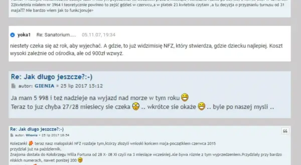 Fragment dyskusji internetowej o skierowaniach do sanatorium NFZ, z widocznymi komentarzami i emotikonami.
