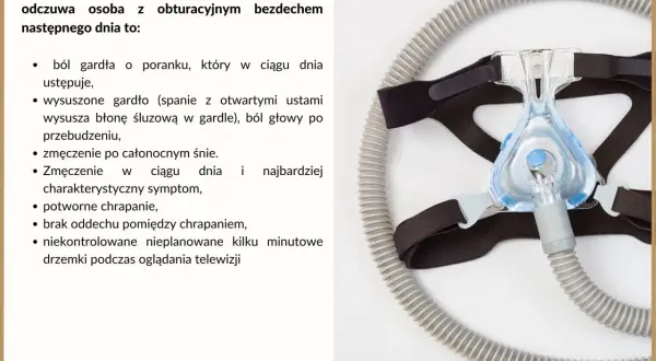 Maska CPAP i lista objawów bezdechu sennego: ból gardła, zmęczenie, chrapanie.