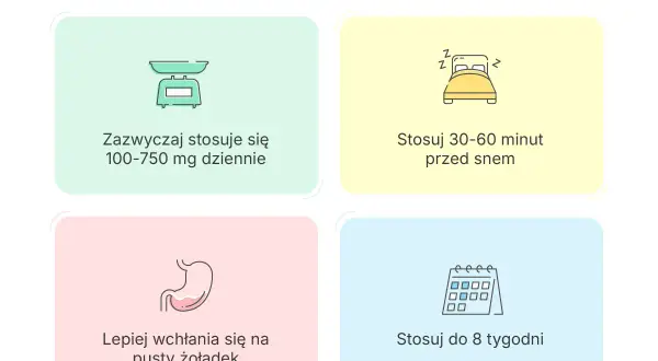 Wskazówki dotyczące suplementacji GABA: dawkowanie 100-750 mg dziennie, stosowanie przed snem, na pusty żołądek, przez maksymalnie 8 tygodni.