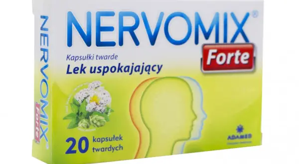 Opakowanie leku Nervomix Forte, zawierające 20 kapsułek uspokajających. Na zielonym tle grafika z ziołami i sylwetkami głów.