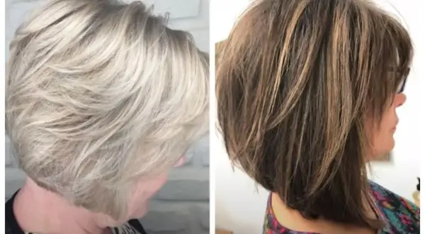 Dwie kobiety z fryzurami bob w odcieniach blond i brązu.