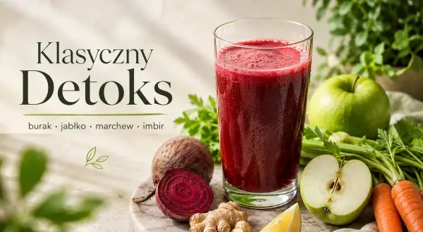 Klasyczny detoks: sok z buraka, jabłka, marchwi i imbiru. Idealny na oczyszczenie organizmu.