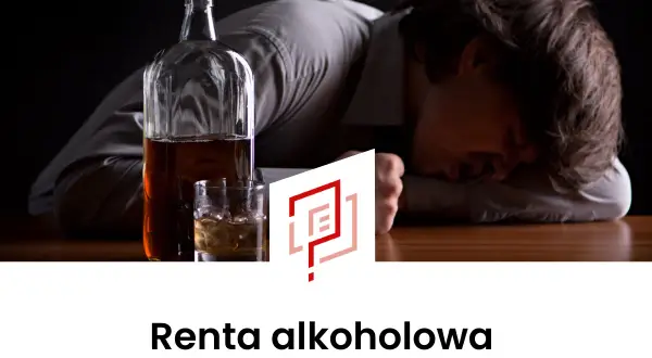 Mężczyzna śpi na stole obok butelki i szklanki z alkoholem. Temat: renta alkoholowa.
