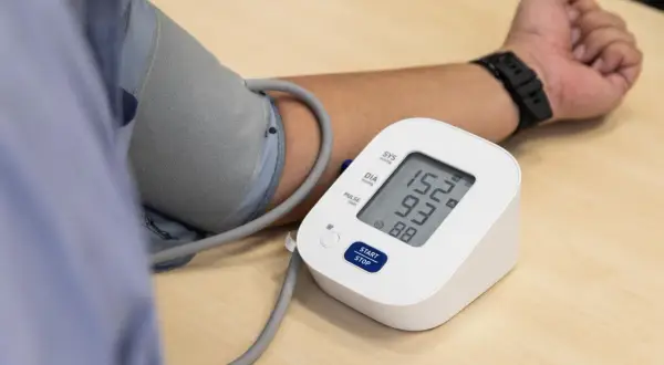 Mężczyzna mierzy ciśnienie krwi w domu. Wynik 152/93 mmHg. Dowiedz się, jak szybko obniżyć ciśnienie krwi w domu.