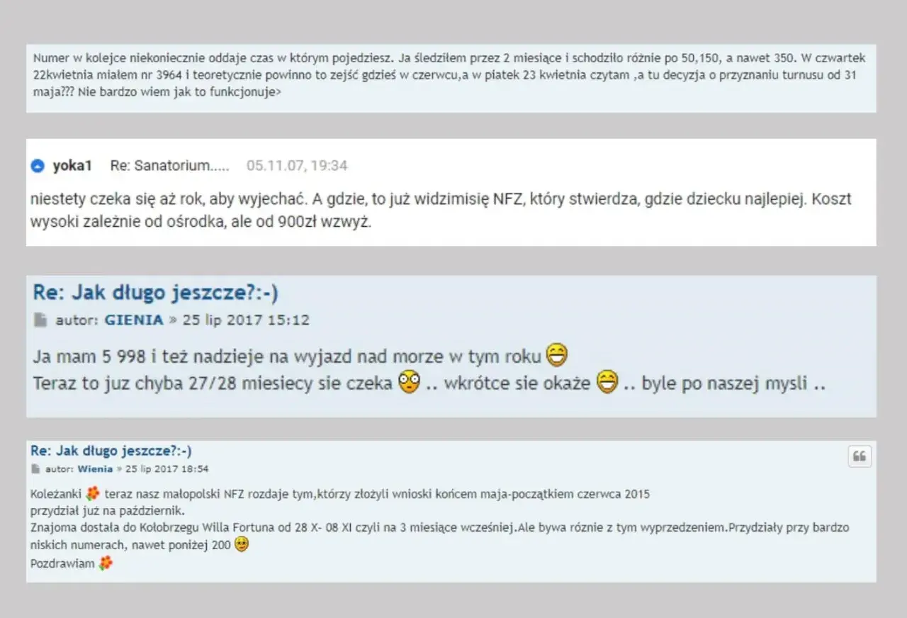 Fragment dyskusji internetowej o skierowaniach do sanatorium NFZ, z widocznymi komentarzami i emotikonami.