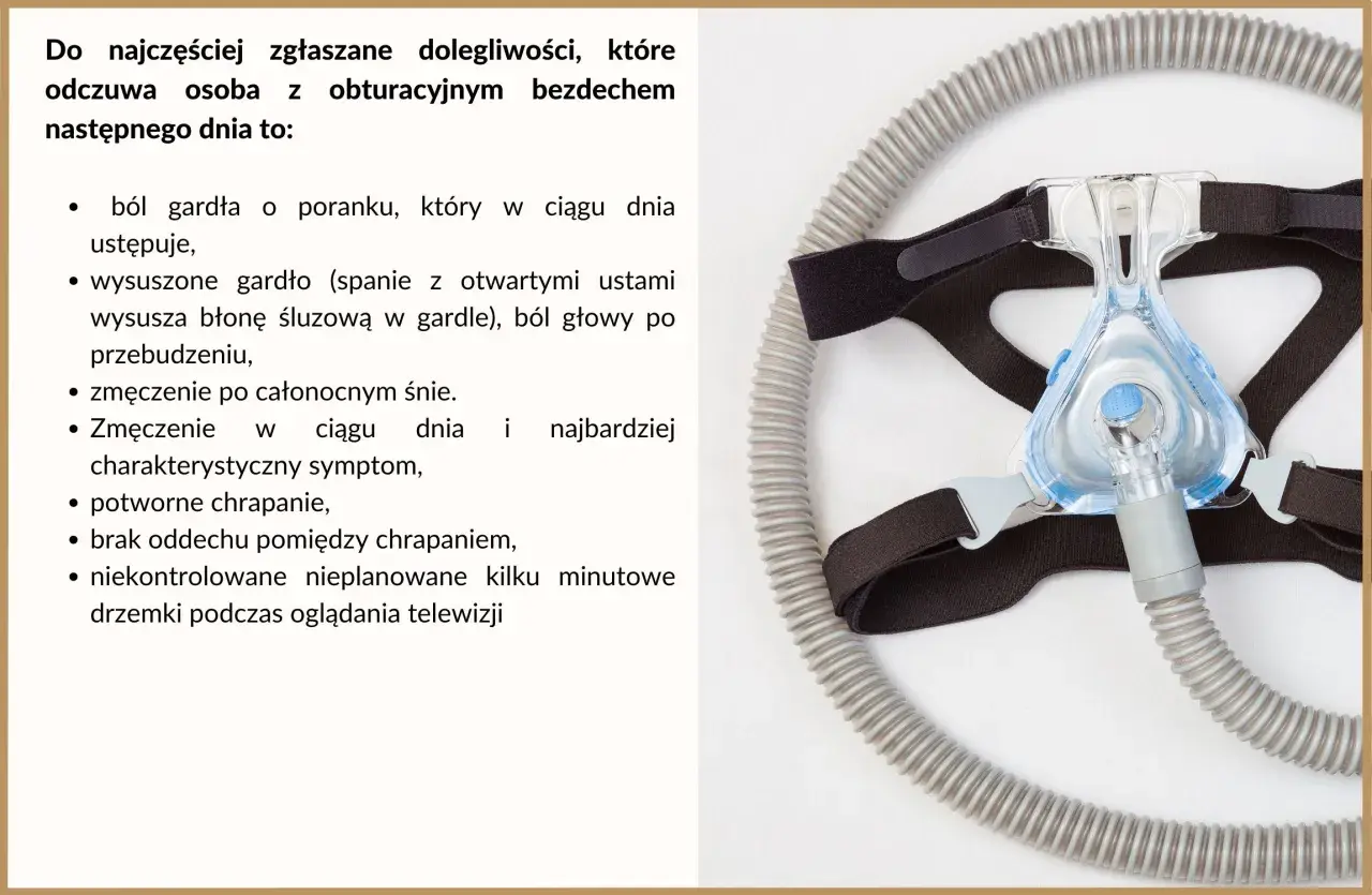 Maska CPAP i lista objawów bezdechu sennego: ból gardła, zmęczenie, chrapanie.