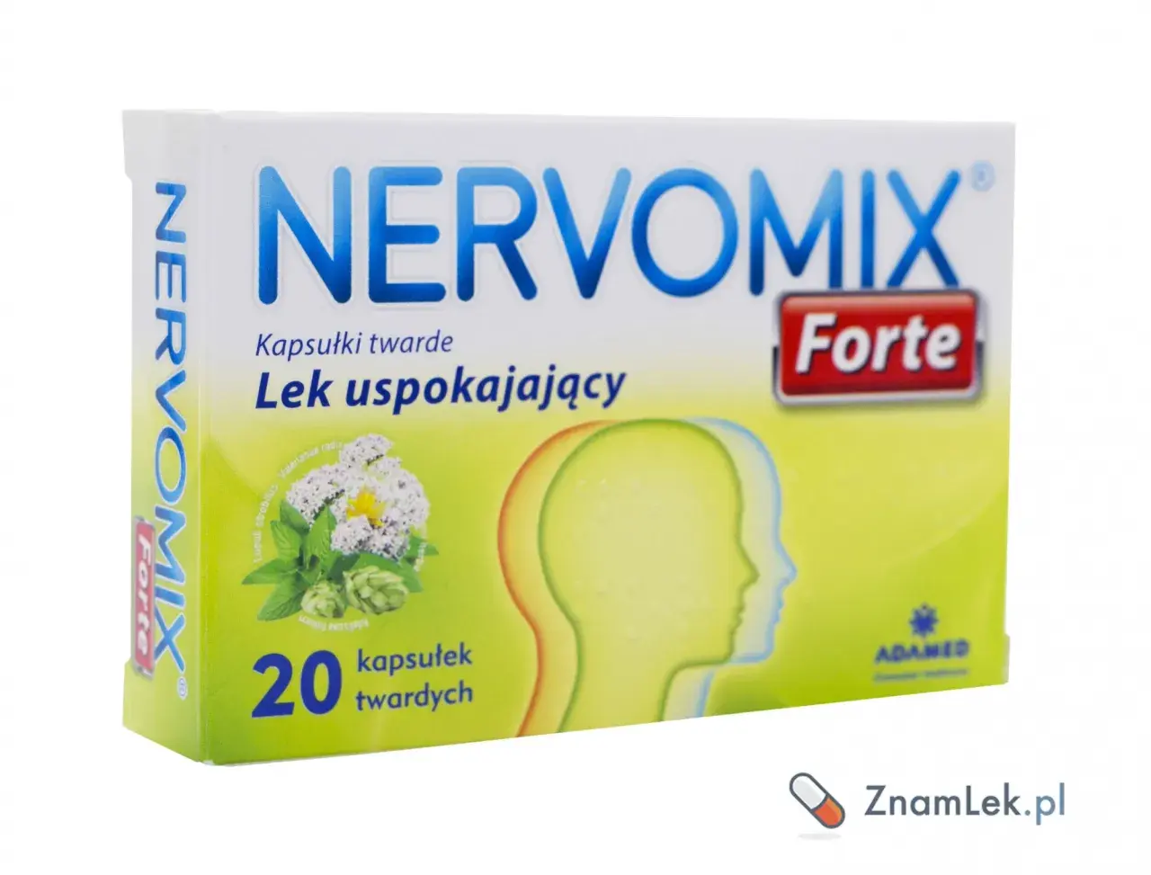 Opakowanie leku Nervomix Forte, zawierające 20 kapsułek uspokajających. Na zielonym tle grafika z ziołami i sylwetkami głów.