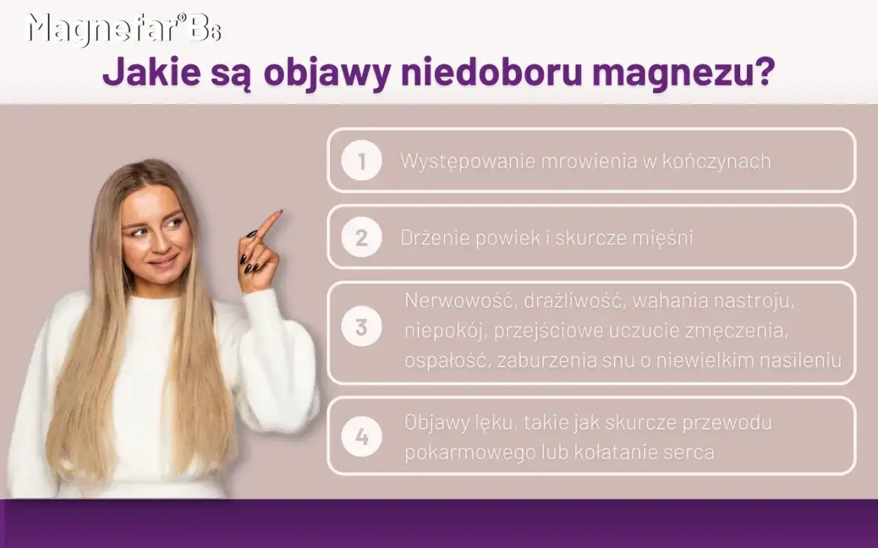 Kobieta wskazuje na listę objawów niedoboru magnezu: mrowienie, drżenie powiek, nerwowość, lęk.