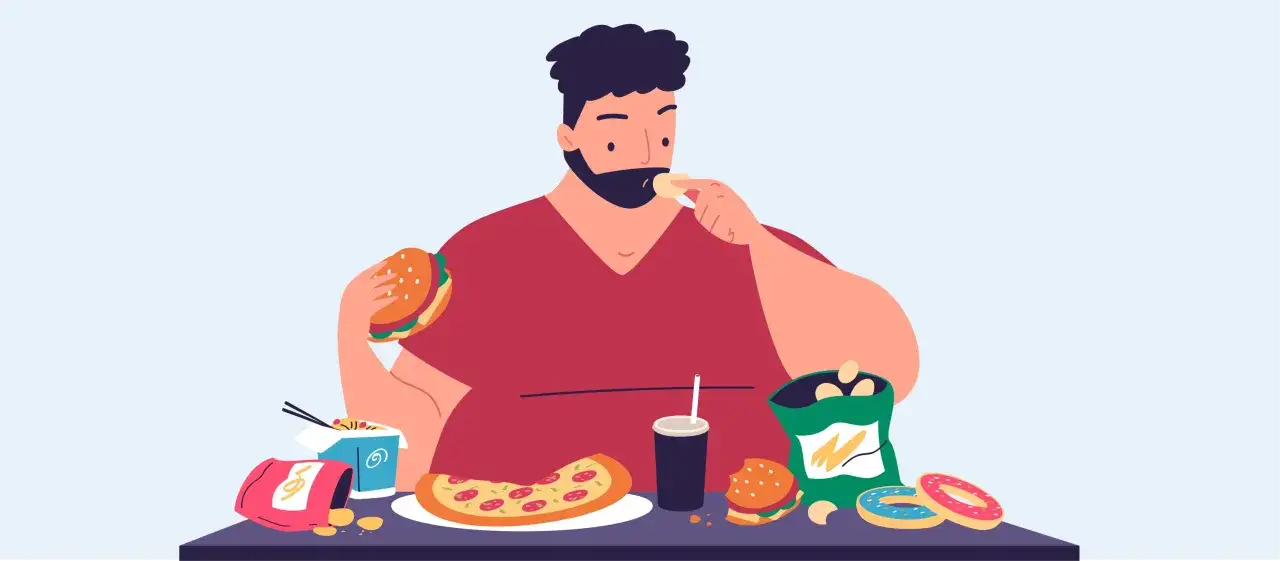 Mężczyzna zmagający się z kompulsywnym objadaniem się, otoczony fast foodami: burgerami, pizzą, frytkami i słodyczami.