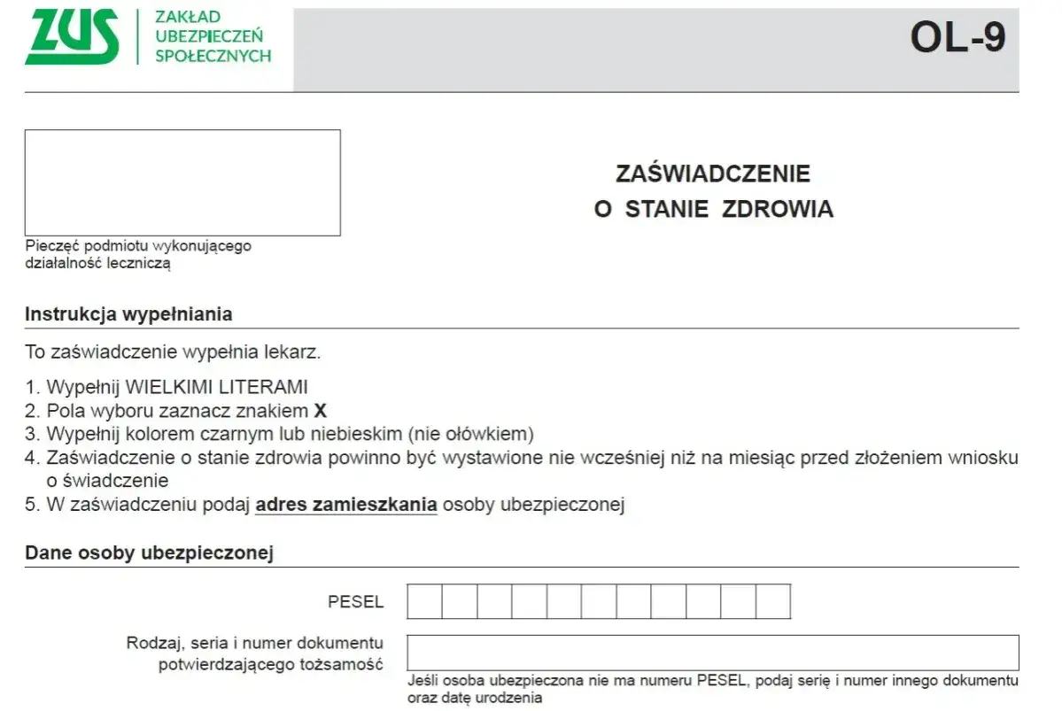 Formularz ZUS OL-9, zaświadczenie o stanie zdrowia, potrzebne do ubiegania się o rentę chorobową. Wypełnia lekarz.