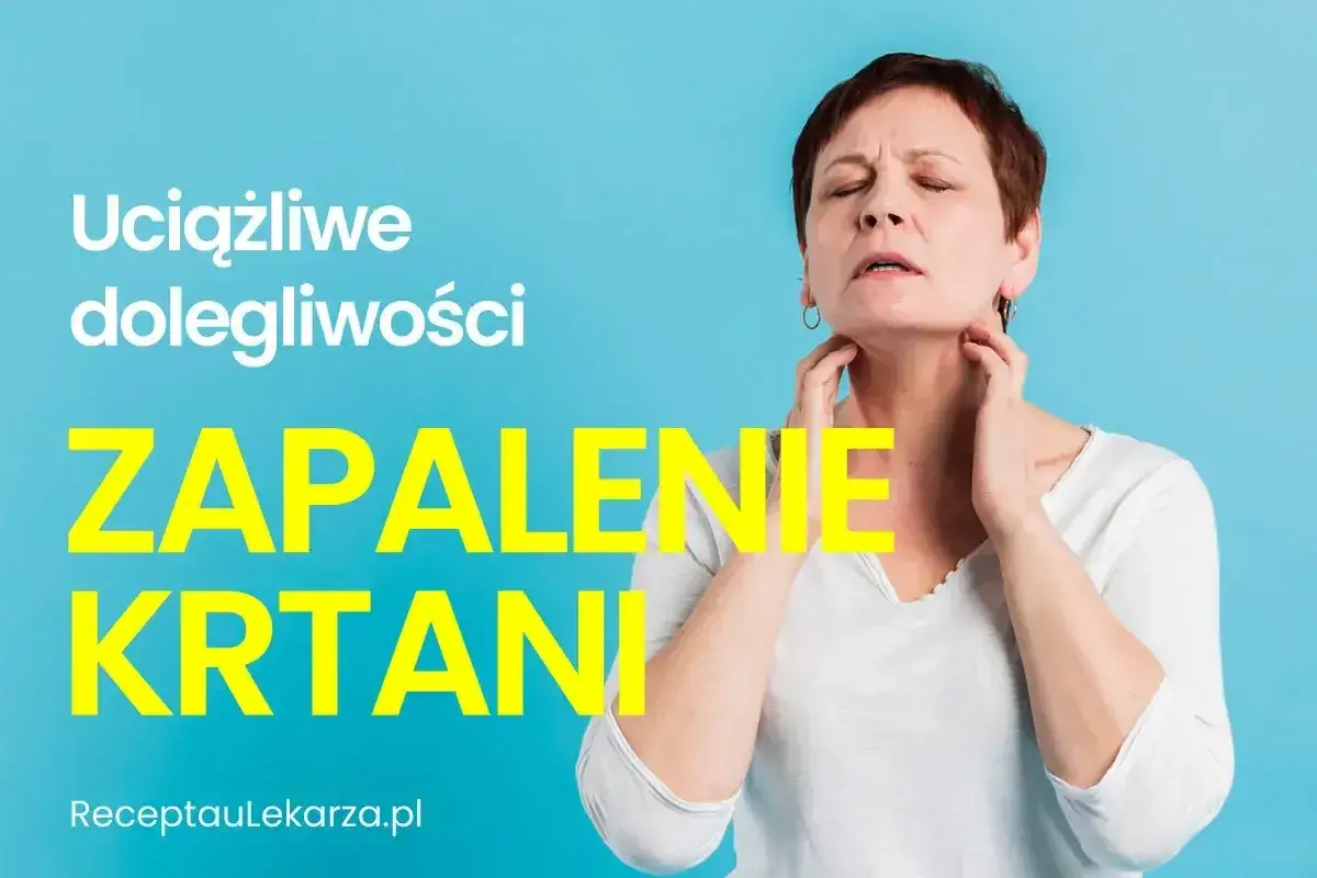 Kobieta z bólem gardła, wskazująca na uciążliwe dolegliwości zapalenia krtani.