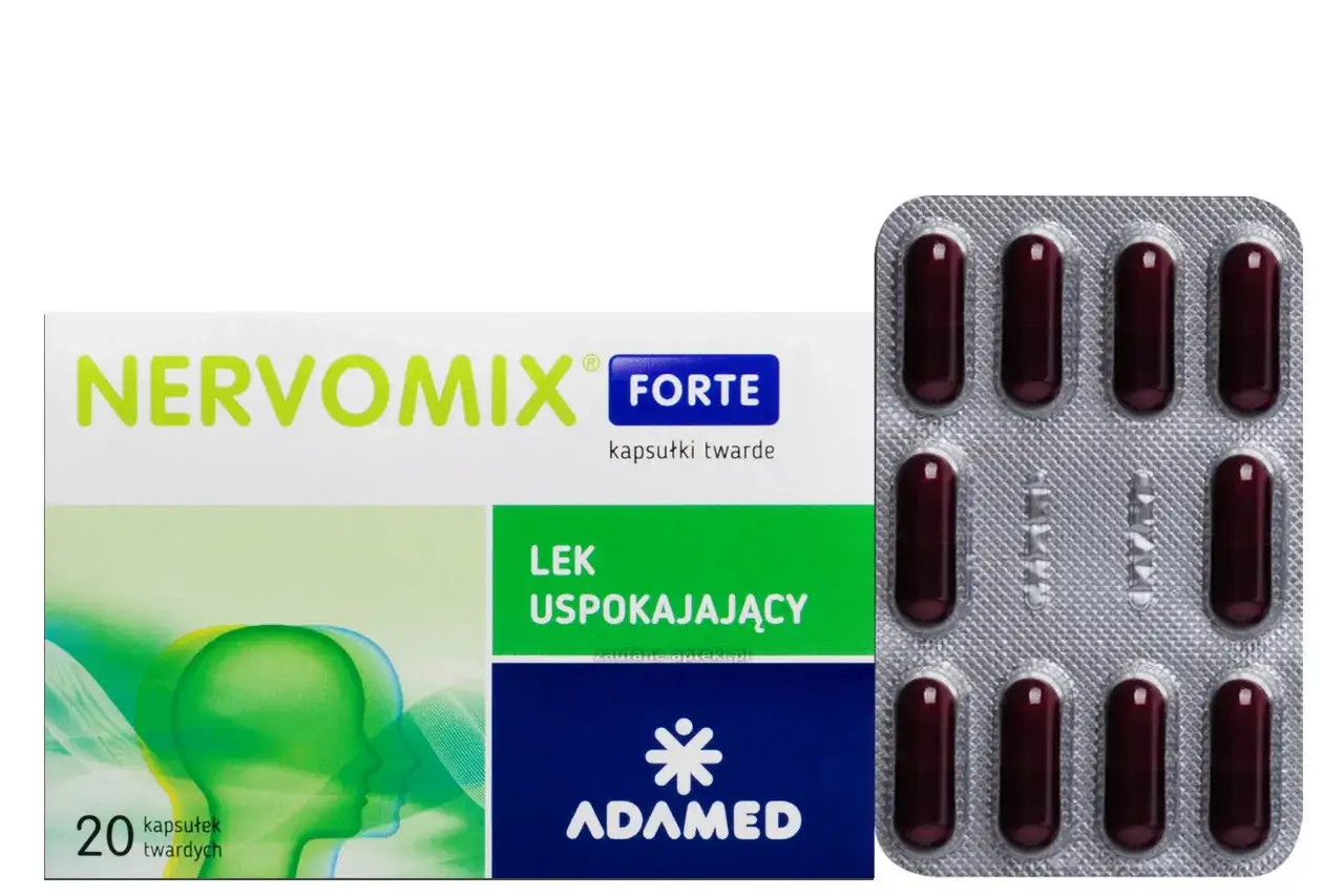 Opakowanie leku Nervomix Forte z 20 kapsułkami uspokajającymi i listkiem z 10 ciemnoczerwonymi kapsułkami.