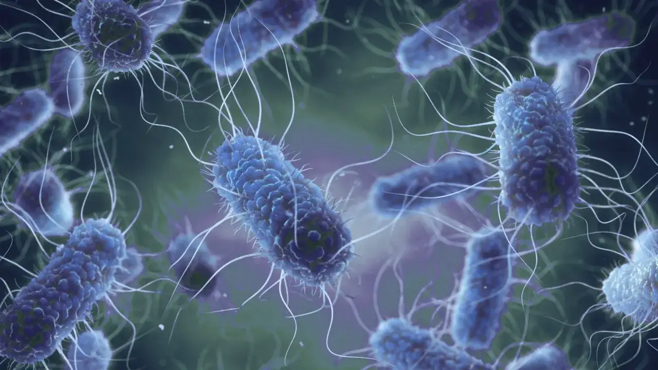 Niebieskie pałeczki bakterii escherichia coli z licznymi wiciami unoszą się w zielonkawej poświacie.