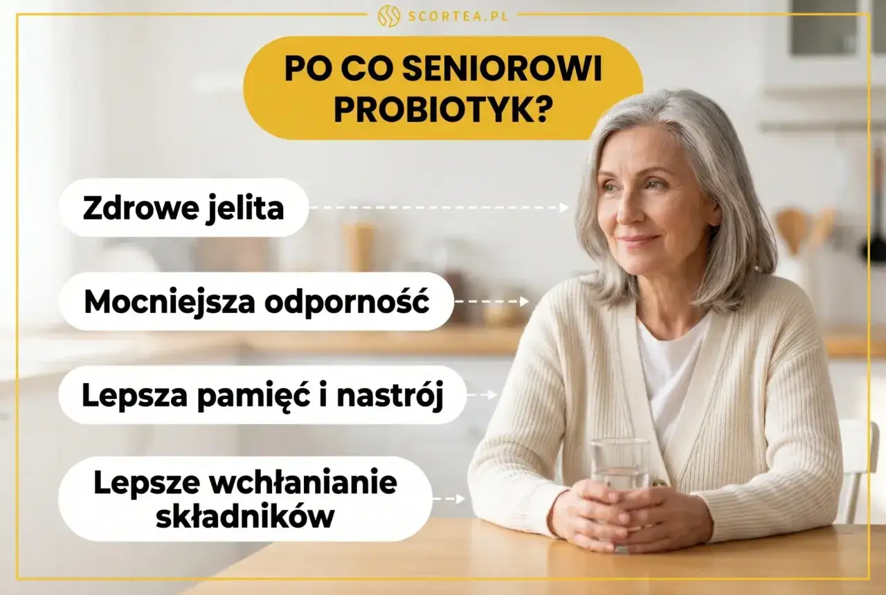Uśmiechnięta seniorka z wodą w dłoni. Obok lista korzyści z probiotyków: zdrowe jelita, odporność, pamięć i nastrój, lepsze wchłanianie.