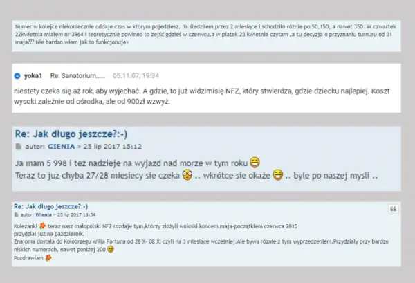 Fragment dyskusji internetowej o skierowaniach do sanatorium NFZ, z widocznymi komentarzami i emotikonami.