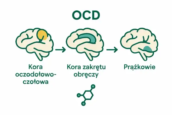 Schemat mózgu ilustrujący zaburzenia obsesyjno-kompulsyjne (OCD). Pokazuje zmiany w korze oczodołowo-czołowej, korze zakrętu obręczy i jądrach podstawy.