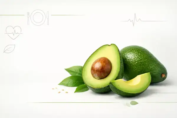 Dwa całe awokado, jedno przekrojone na pół z pestką, kawałek awokado i liście. Czy awokado jest zdrowe? Tak, to superfood!