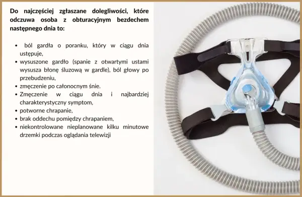 Maska CPAP i lista objawów bezdechu sennego: ból gardła, zmęczenie, chrapanie.