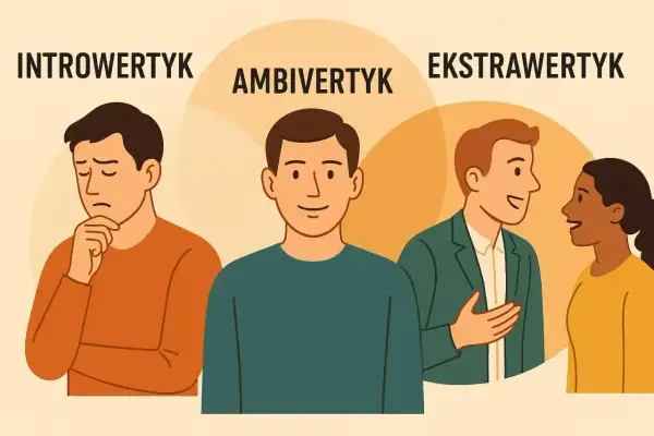 Trzy osoby: zamyślony introwertyk, uśmiechnięty **ambiwertyk** i rozmawiający ekstrawertyk z koleżanką.