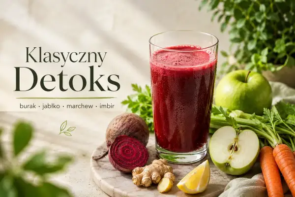 Klasyczny detoks: sok z buraka, jabłka, marchwi i imbiru. Idealny na oczyszczenie organizmu.